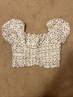 Zara White Smocked Crop Top with Black Floral